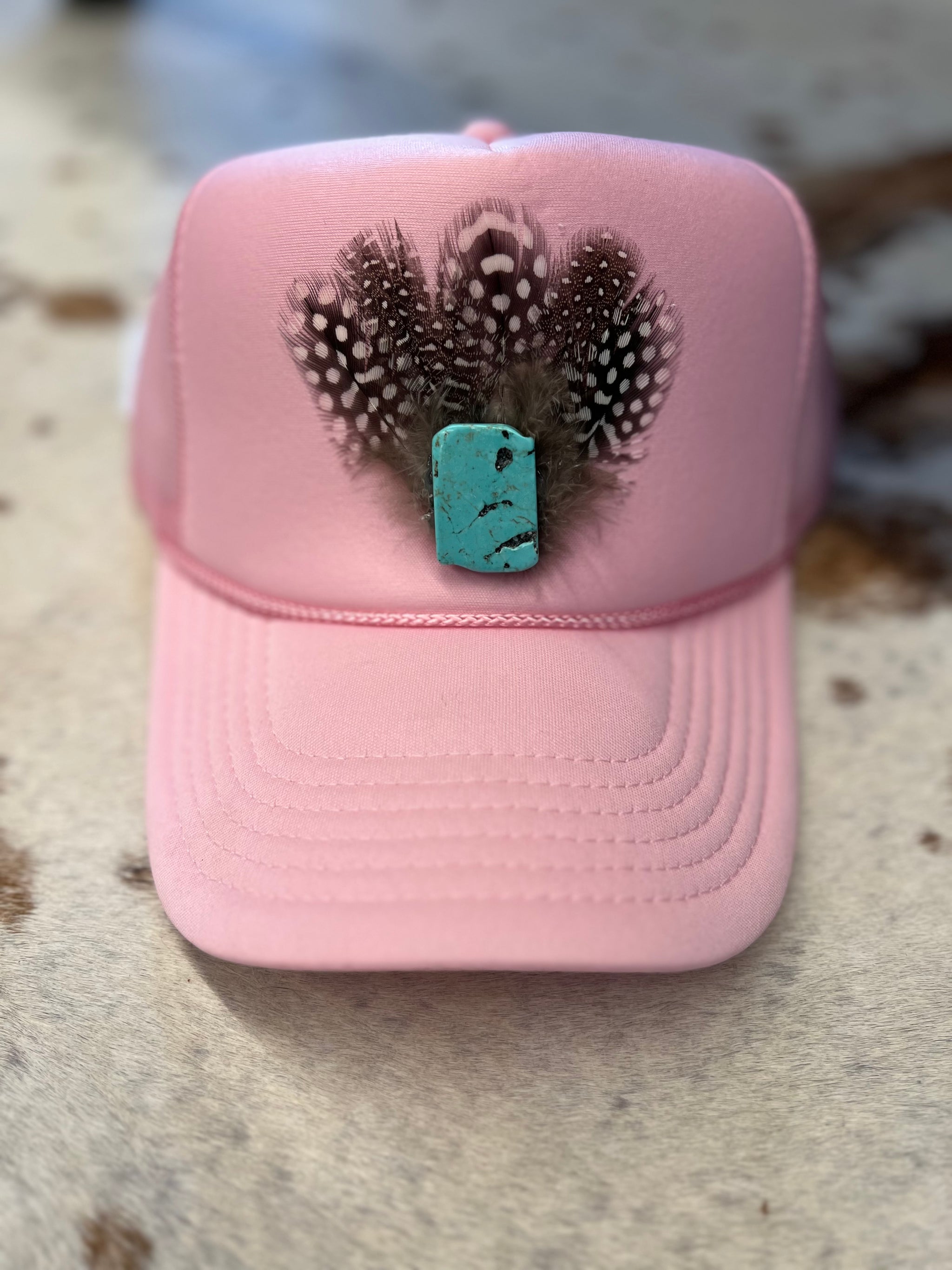 F6 Boho Feather Trucker Hat Feathered Outlaw” - Sky Blue Feather(BLK) – The Rancher Hat Co main image 3
